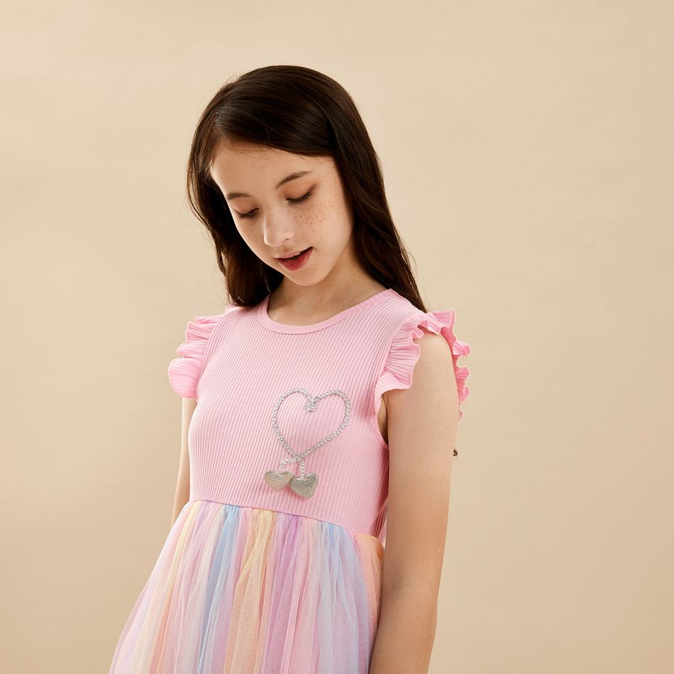 Beautiful Kid Girl Princess Fly Sleeve Heart Rainbow Mesh Party Dress Pink big image 6