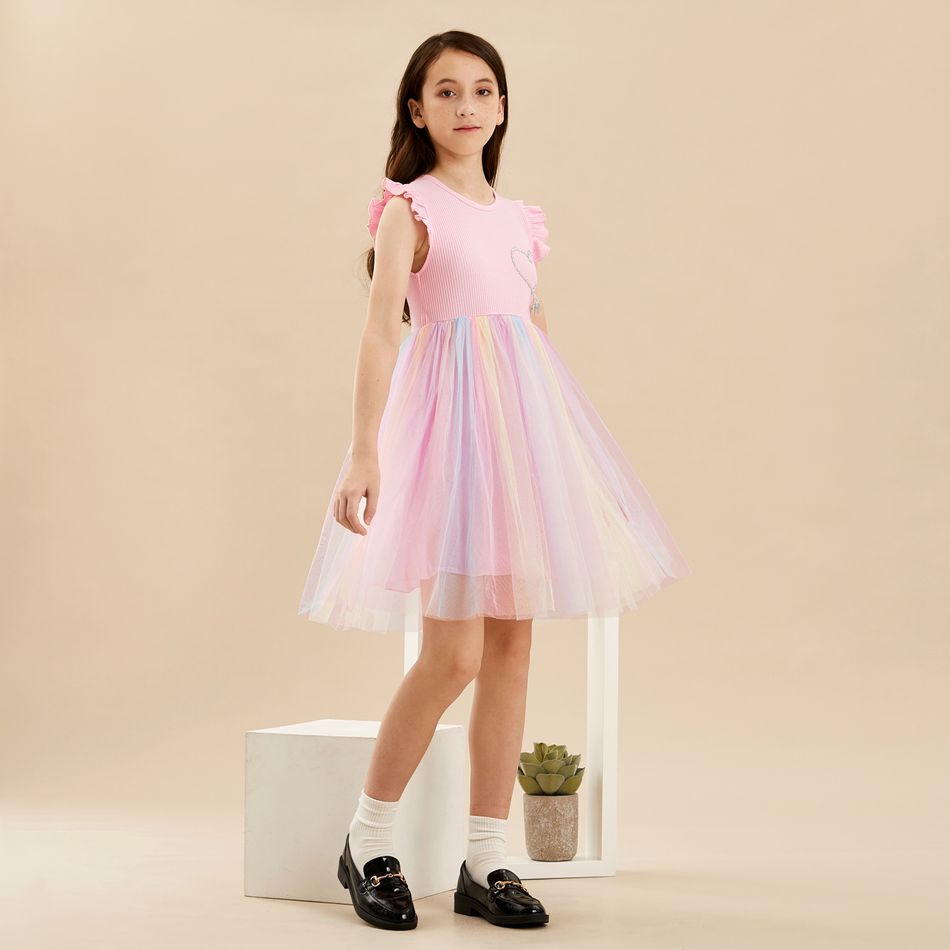 Beautiful Kid Girl Princess Fly Sleeve Heart Rainbow Mesh Party Dress Pink big image 3