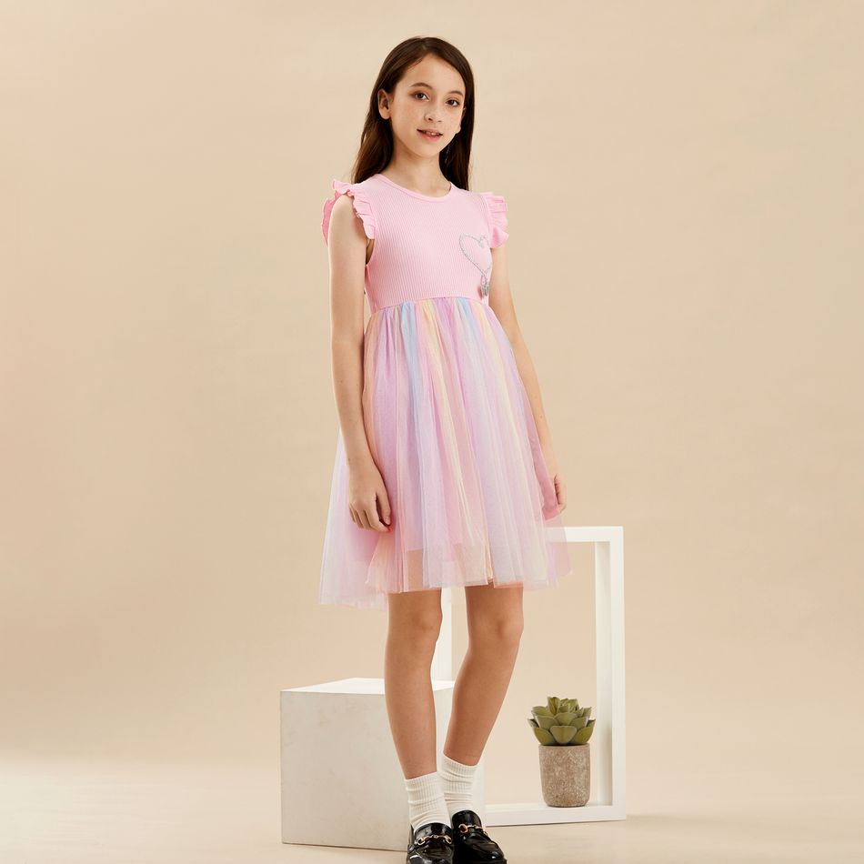 Beautiful Kid Girl Princess Fly Sleeve Heart Rainbow Mesh Party Dress Pink big image 4