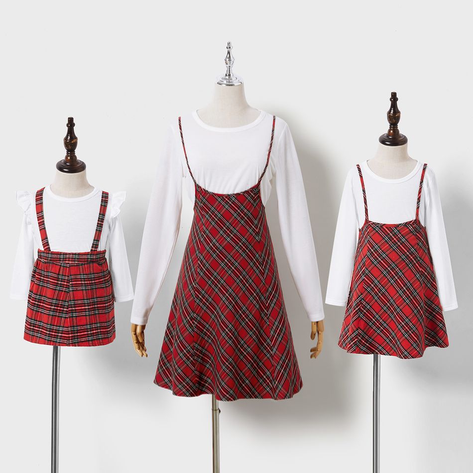 Two-Piece Long-sleeve T-shirt with Red Plaid Spaghetti Strap Dress for Mom and Me Red/White