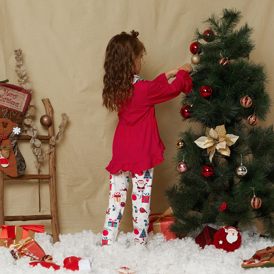 3-piece Toddler Girl Ruffle Hem Long Bell sleeves Red Top, Santa Christmas Tree Print Pants and Scarf Set Red big image 7