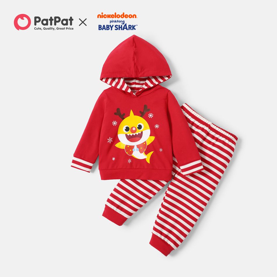 Baby Shark 2-piece Baby Girl Christmas Cotton Hooded Sweatshirt and Stripe Pants Set Red