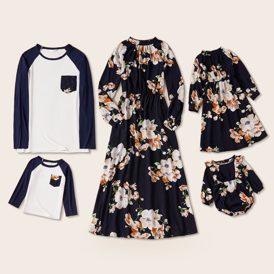 Look de família Flor grande Manga comprida Conjuntos de roupa para a família Conjuntos Azul Escuro / Branco