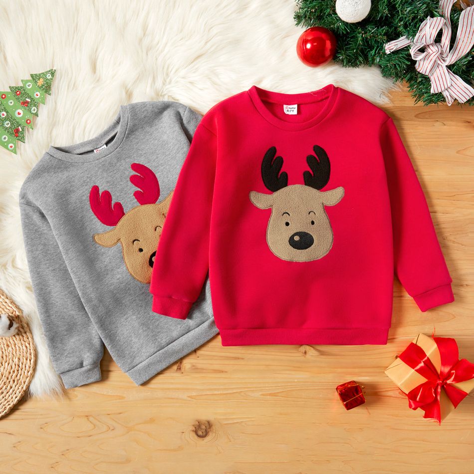 Kid Boy/Kid Girl Christmas Deer Embroidered Pullover Sweatshirt Light Grey big image 2