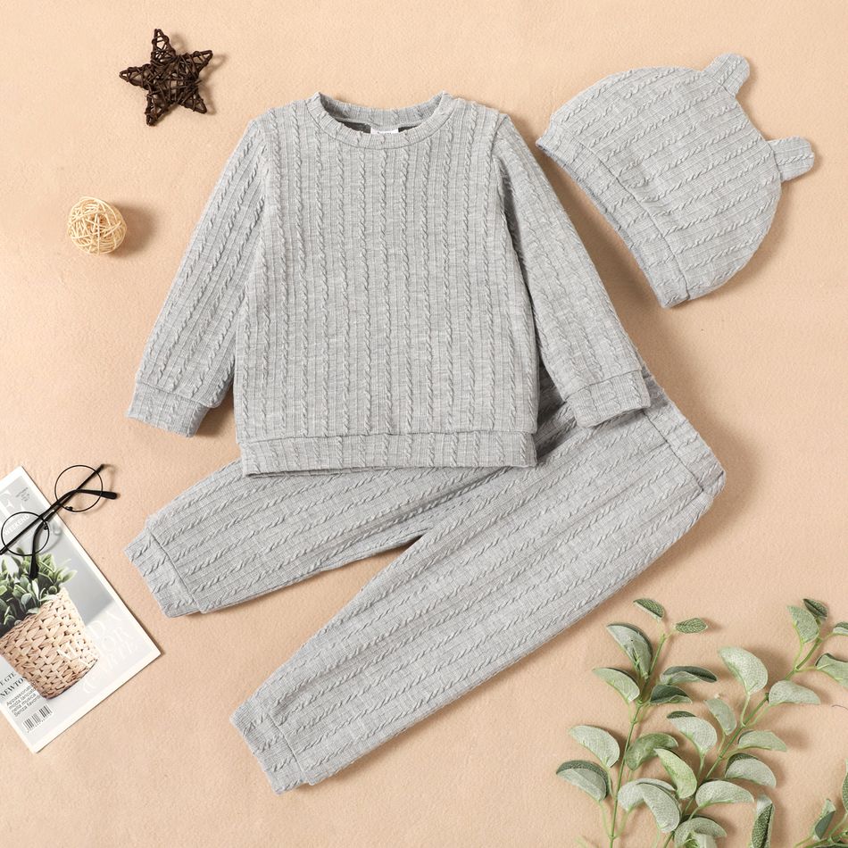 3pcs Baby Boy/Girl Solid Cable Knit Long-sleeve Pullover and Trousers Set Grey