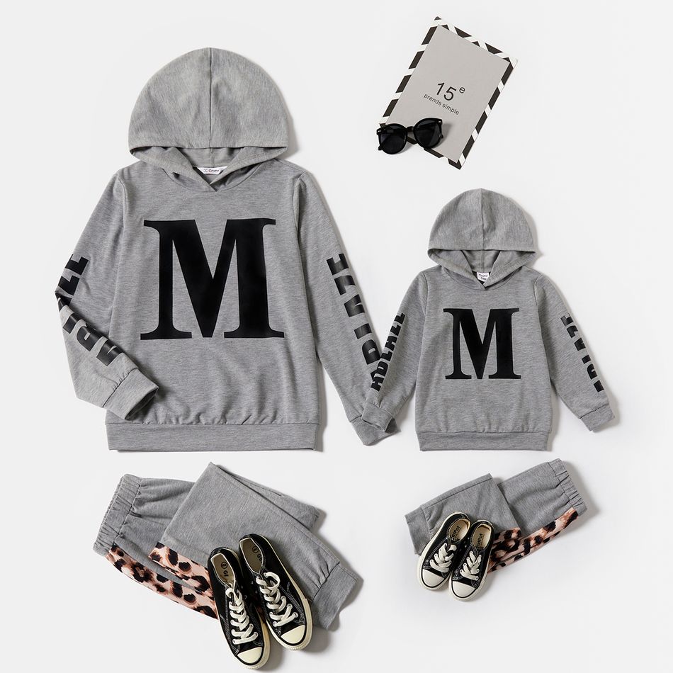 Letter Print Grey Long-sleeve Hoodies and Leopard Splicing Pants Sets for Mom and Me Grey