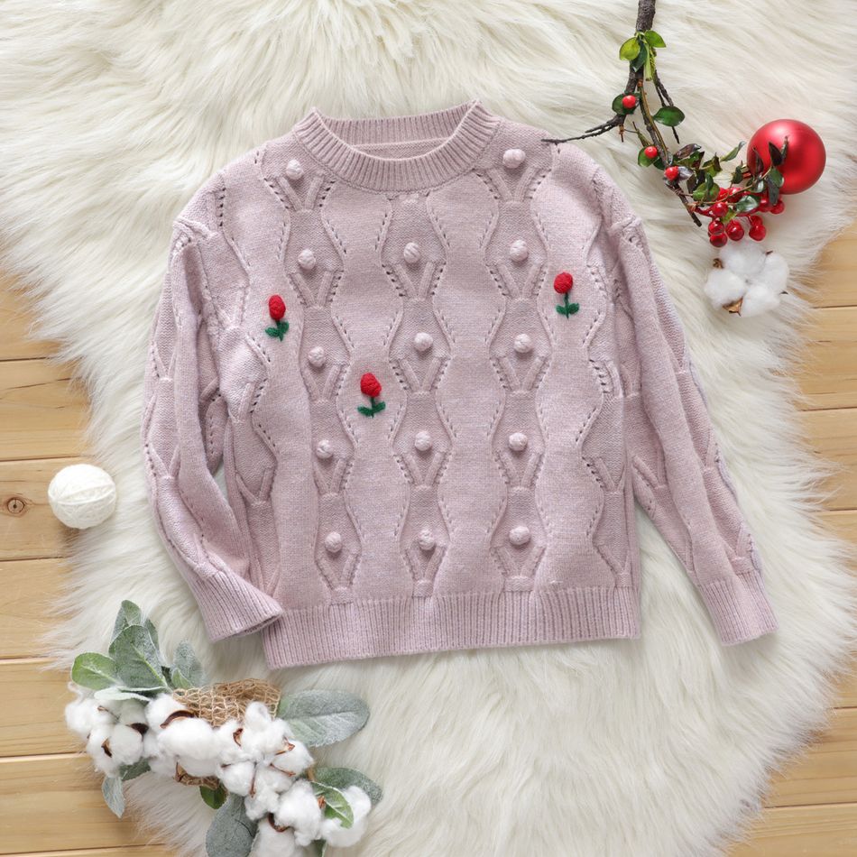 Kid Girl Floral Pompom Embroidered Knit Sweater Light Purple