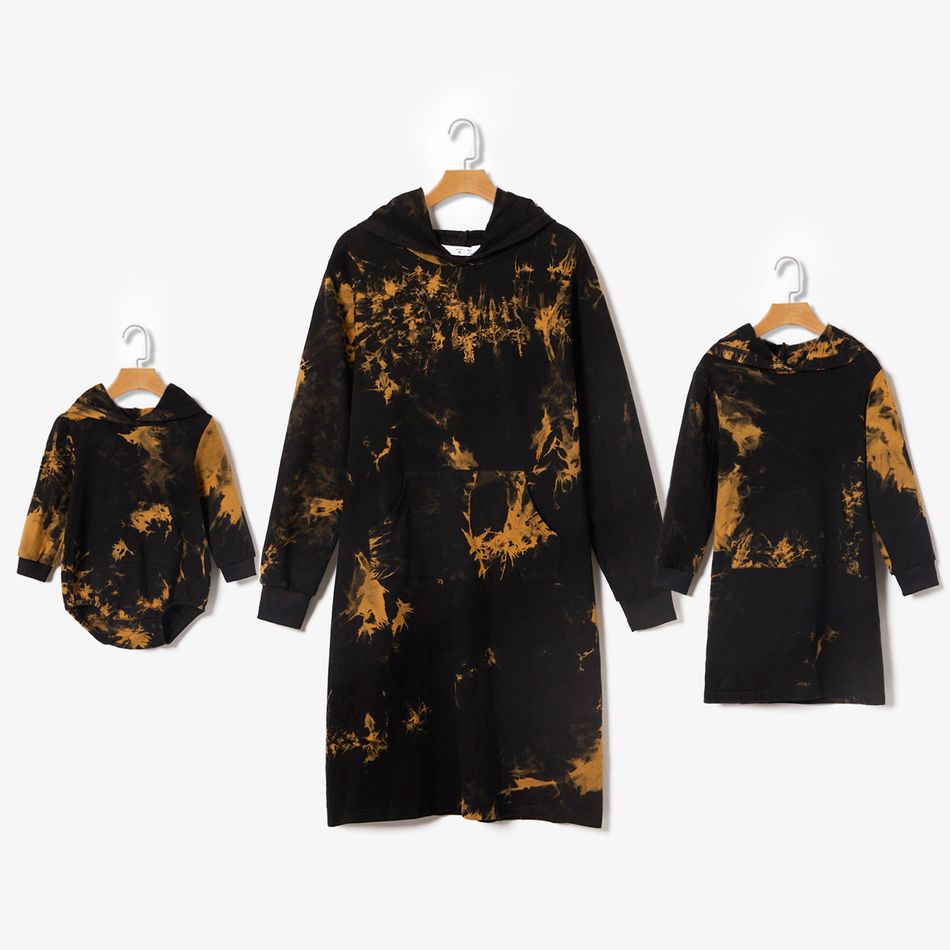 Tie Dye Black Long-sleeve Hoodie Dress for Mom and Me Black