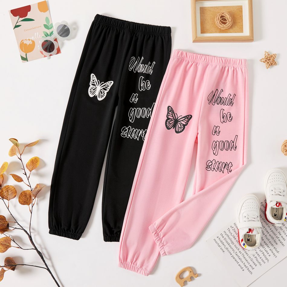 Kid Girl Letter Butterfly Print Elasticized Casual Pants Black big image 2