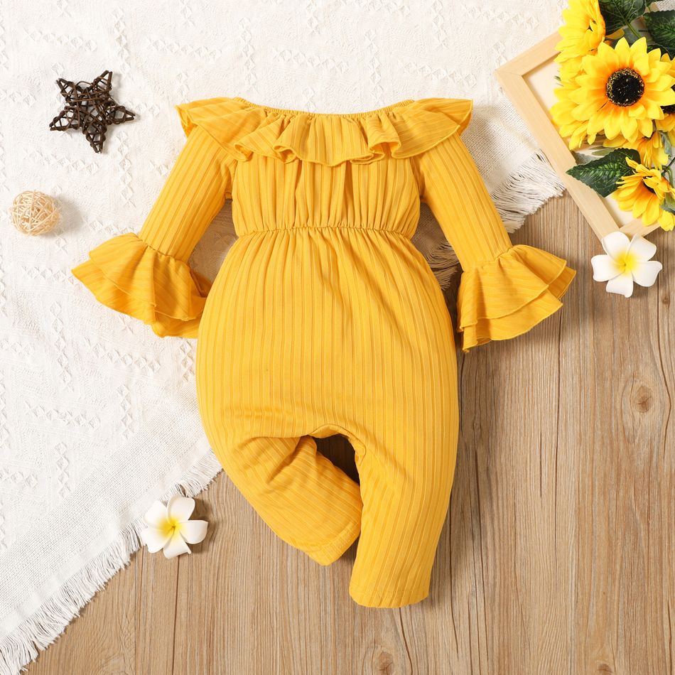 Baby Girl Solid Ribbed Off Shoulder Ruffle Bell Sleeve Jumpsuit Ginger big image 2