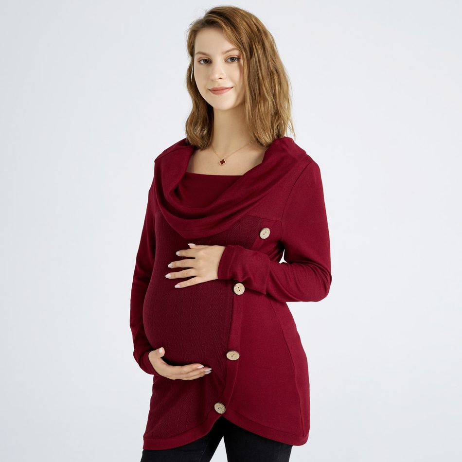 Maternity Burgundy Color Side Button Long-sleeve Fashionable T-shirt Burgundy