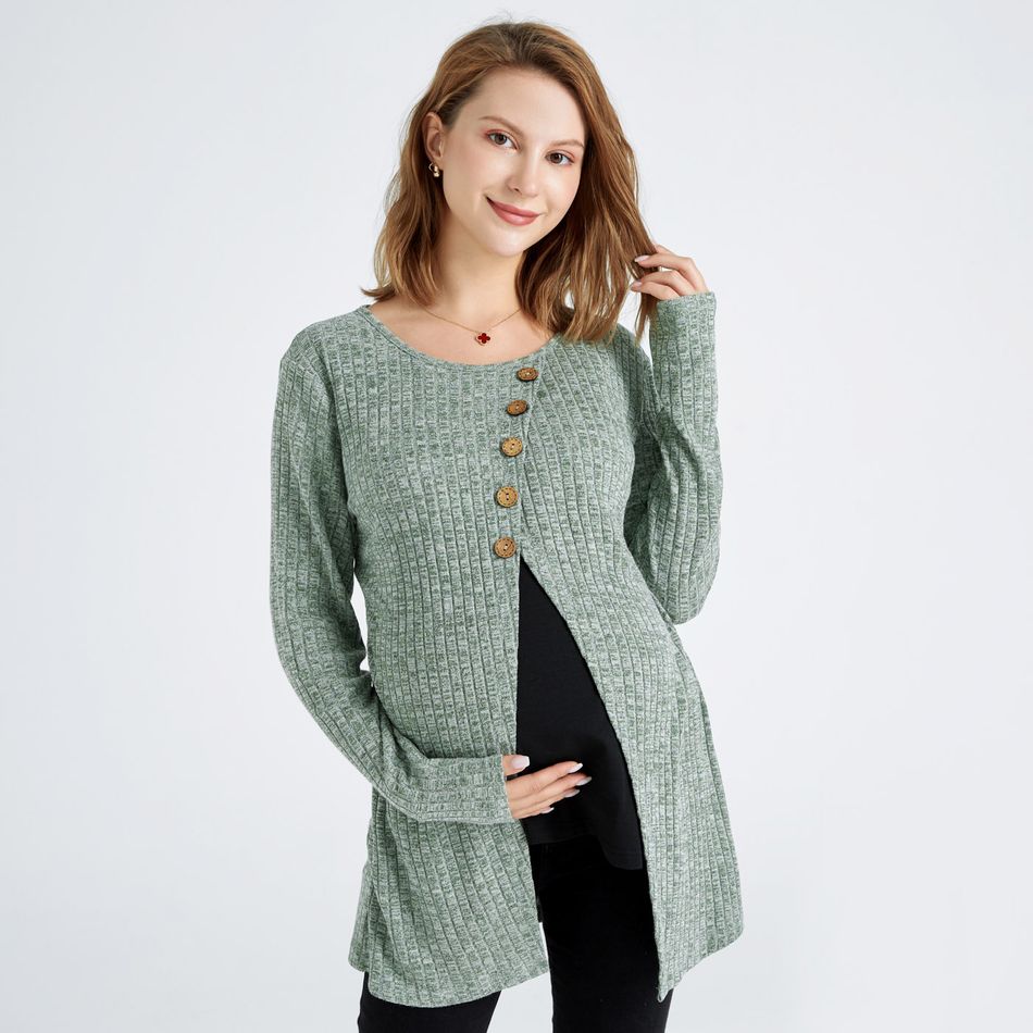 Nursing Button Half Placket Round-collar Long-sleeve Top Dark Green