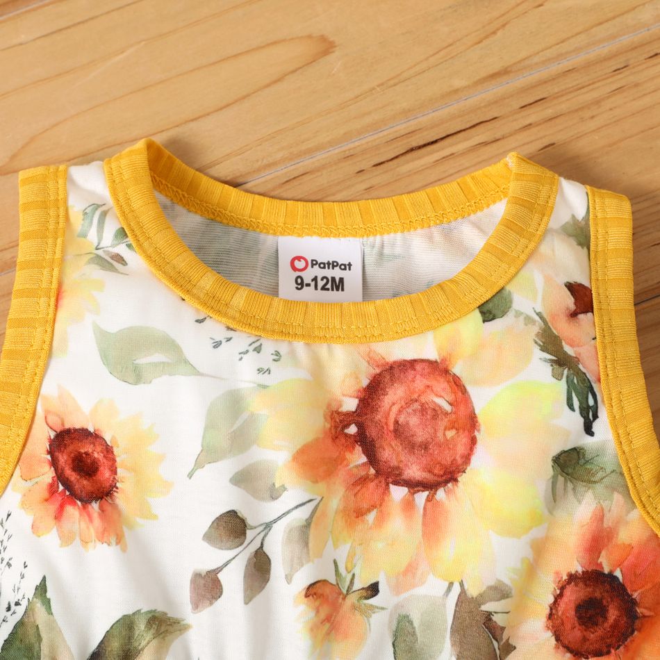 2pcs Baby Girl Sunflower Floral Print Sleeveless Dress and Solid Ribbed Long-sleeve Cardigan Set Yellow big image 2