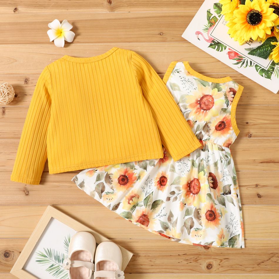 2pcs Baby Girl Sunflower Floral Print Sleeveless Dress and Solid Ribbed Long-sleeve Cardigan Set Yellow big image 5