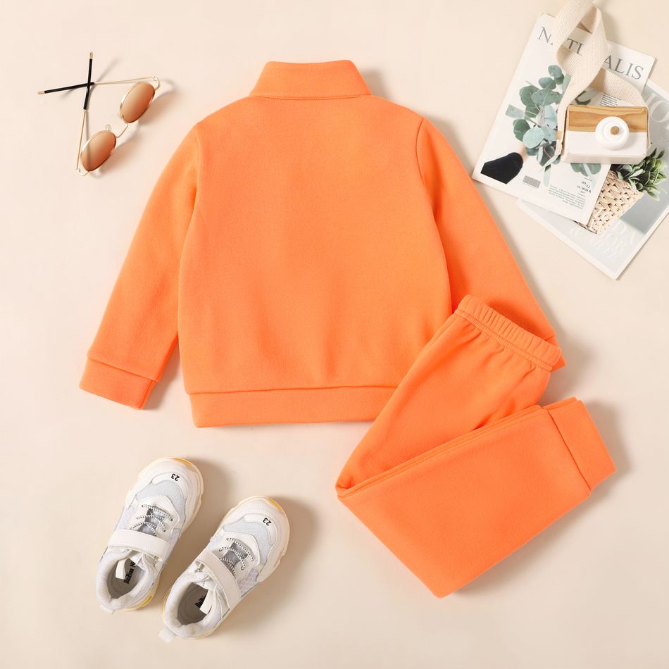 2-piece Toddler Boy Stand Collar Letter Embroidered Zipper Sweatshirt and Solid Color Pants Set Orange big image 3