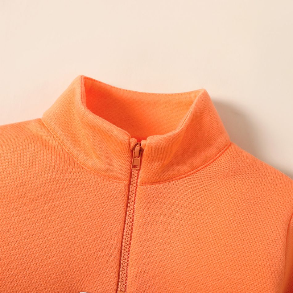 2-piece Toddler Boy Stand Collar Letter Embroidered Zipper Sweatshirt and Solid Color Pants Set Orange big image 4