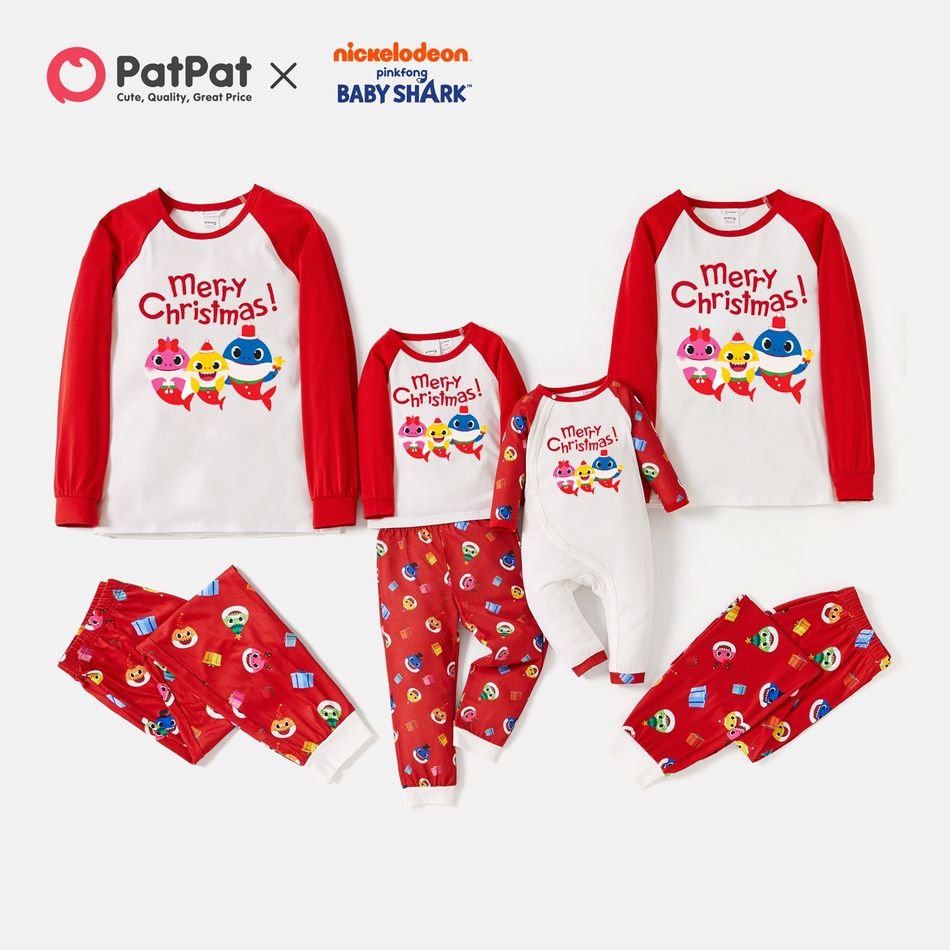 Baby Shark Christmas Family Matching Colorblock Top and Allover Pants Pajamas Sets Red