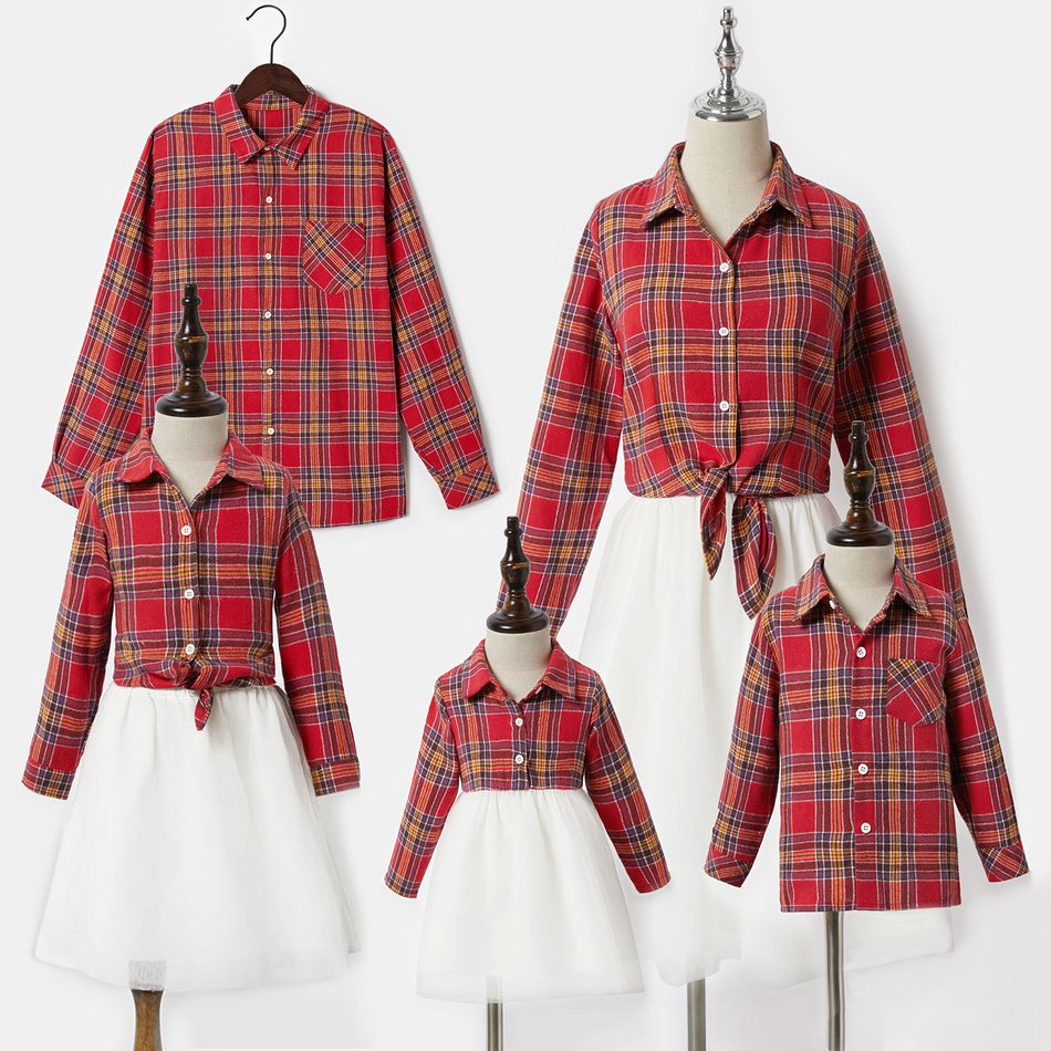 Christmas Red Plaid Family Matching 100% Cotton Long-sleeve Shirts Sets Red/White big image 4