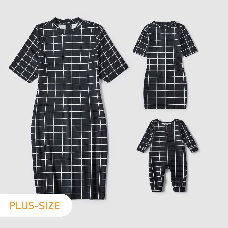 Black Plaid Half-sleeve Slim-fit Dress for Mom and Me Black