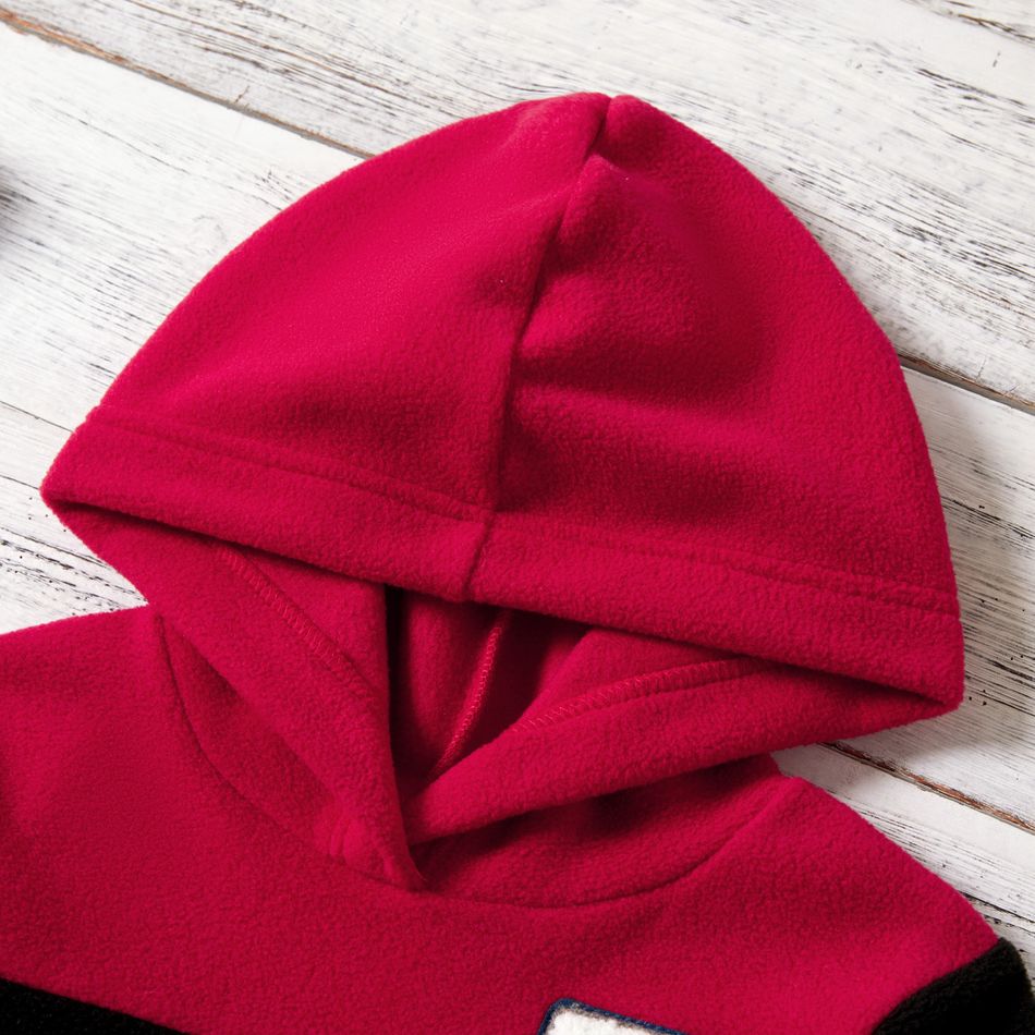 Kid Boy Letter Embroidered Colorblock Fuzzy Hoodie Sweatshirt Red big image 4