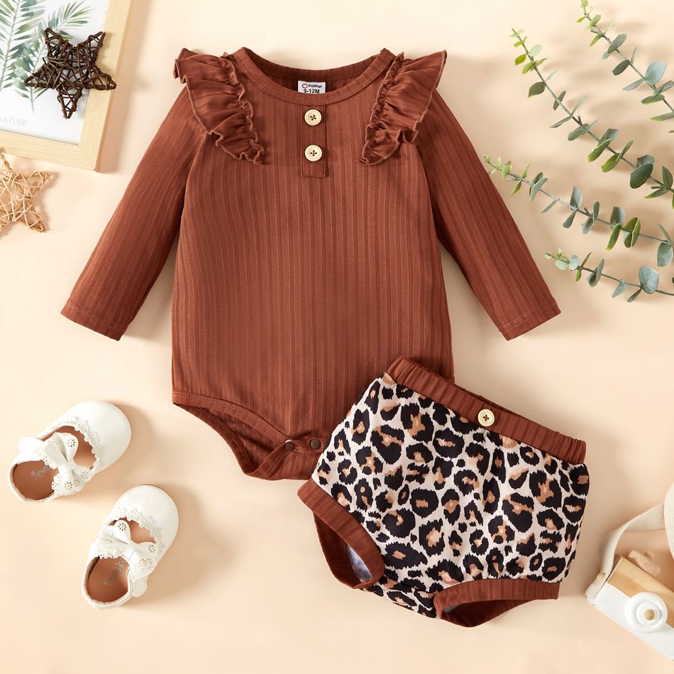 2pcs Baby Girl Ribbed Long-sleeve Ruffle Romper and All Over Leopard Shorts Set Brown