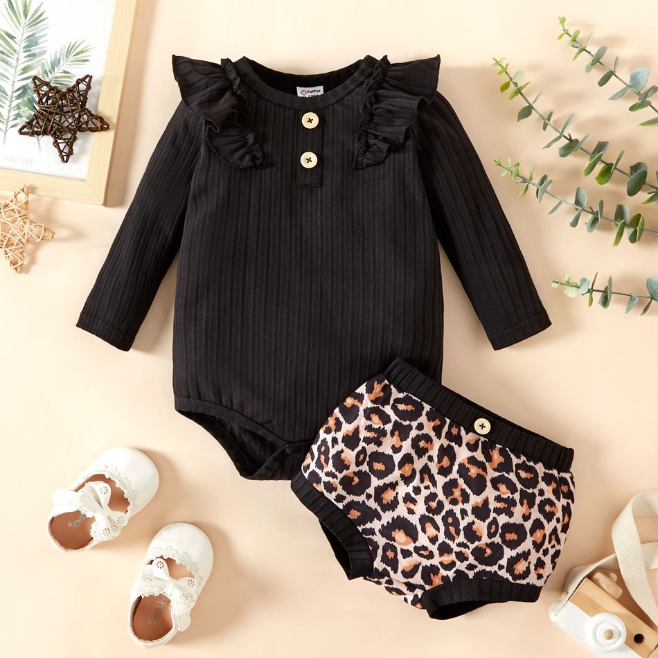 2pcs Baby Girl Ribbed Long-sleeve Ruffle Romper and All Over Leopard Shorts Set Black
