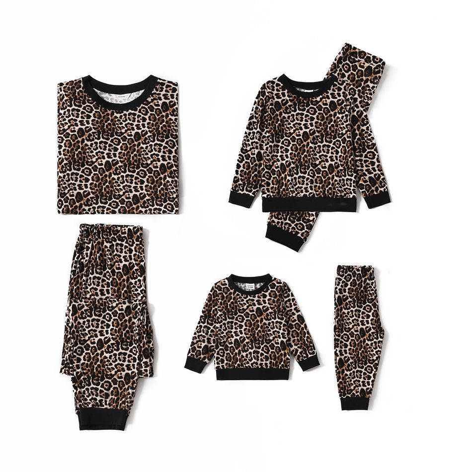 All Over Leopard Long-sleeve Sweatshirt with Pants Sets for Mom and Me Khaki