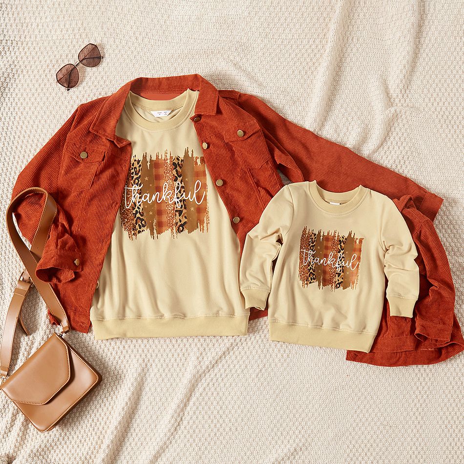 Leopard Graffiti and Letter Print Apricot Long-sleeve Sweatshirts for Mom and Me Apricot