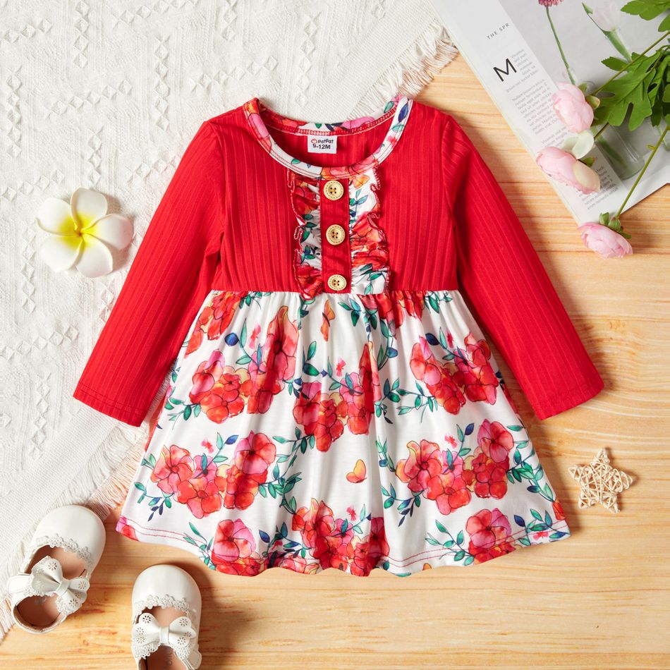 Baby Girl Ribbed Long-sleeve Splicing Floral Print Dress Color block