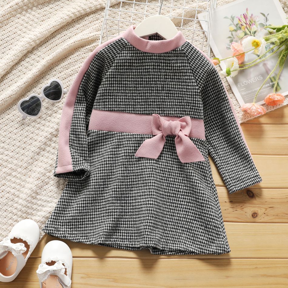 Toddler Girl Bowknot Design Plaid Long-sleeve Dress Grey