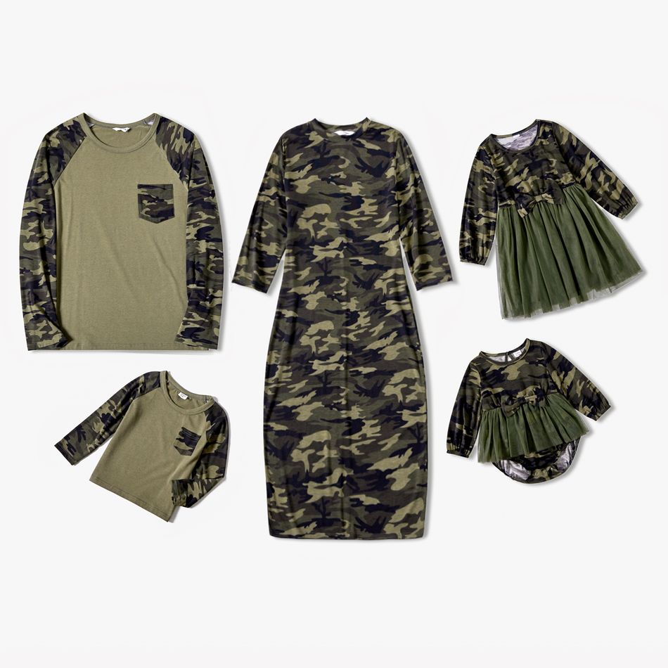 Family Matching Army Green Camouflage Midi Dresses and Raglan Long-sleeve T-shirts Sets Army green