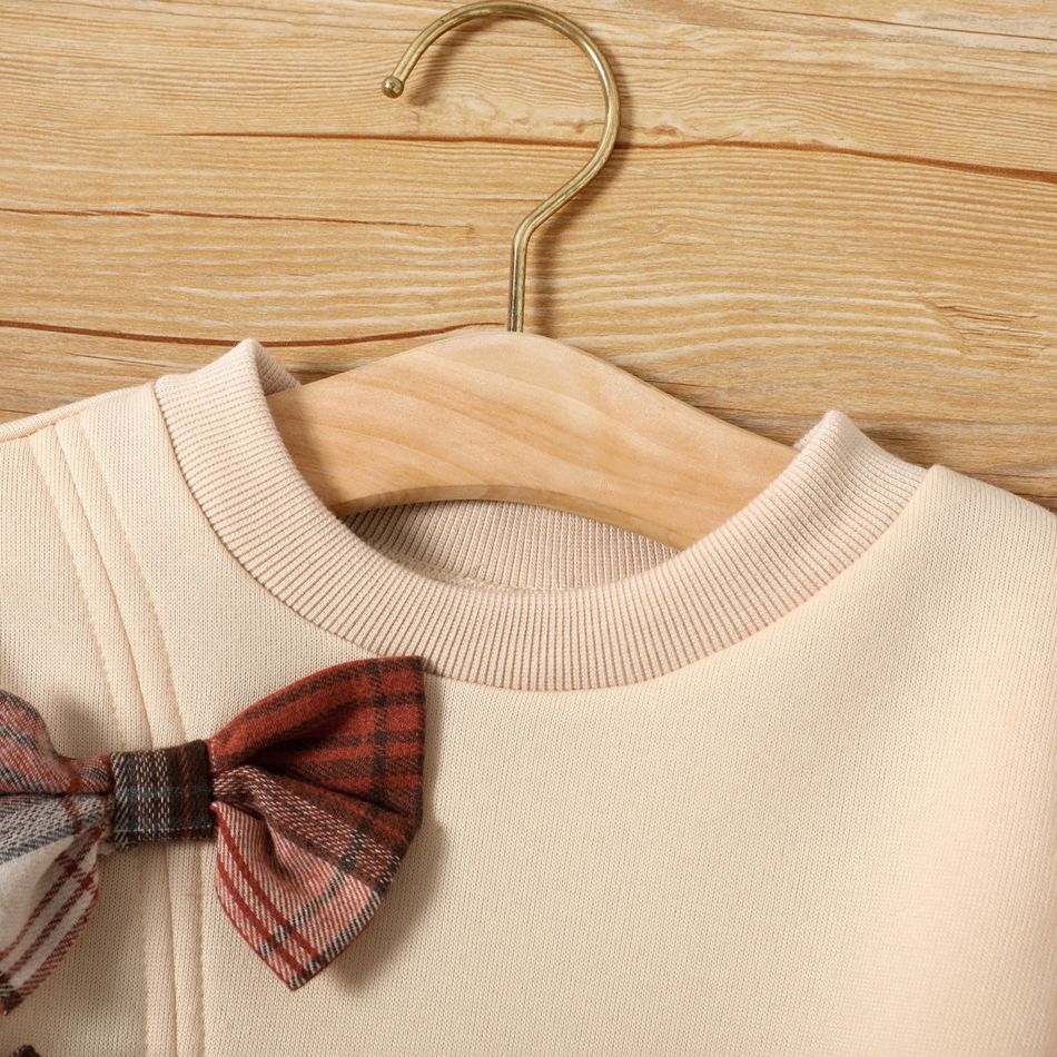 2-piece Toddler Girl Bowknot Design Sweatshirt and Plaid Skirt Set Apricot big image 4