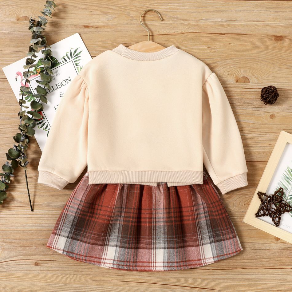 2-piece Toddler Girl Bowknot Design Sweatshirt and Plaid Skirt Set Apricot big image 2