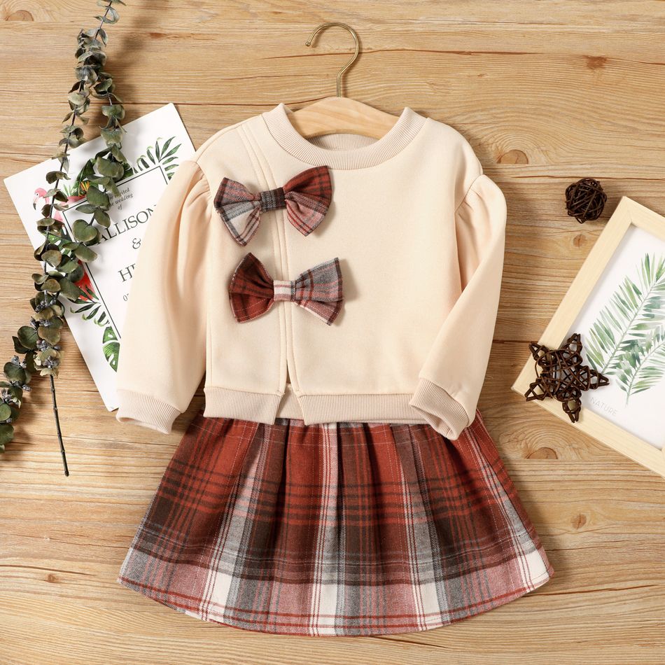 2-قطعة طفل صغير فتاة bowknot تصميم البلوز ومجموعة تنورة منقوشة مشمش big image 1