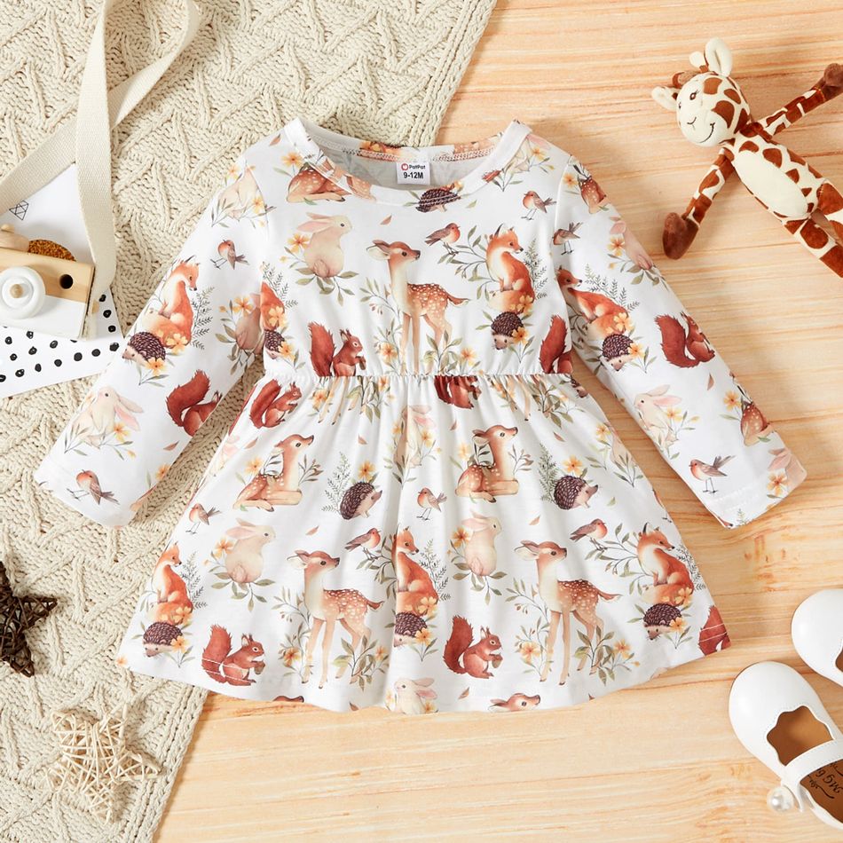 Baby Girl All Over Forest Animals Print Long-sleeve Dress Color block