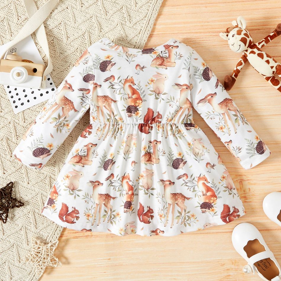Baby Girl All Over Forest Animals Print Long-sleeve Dress Color block big image 2