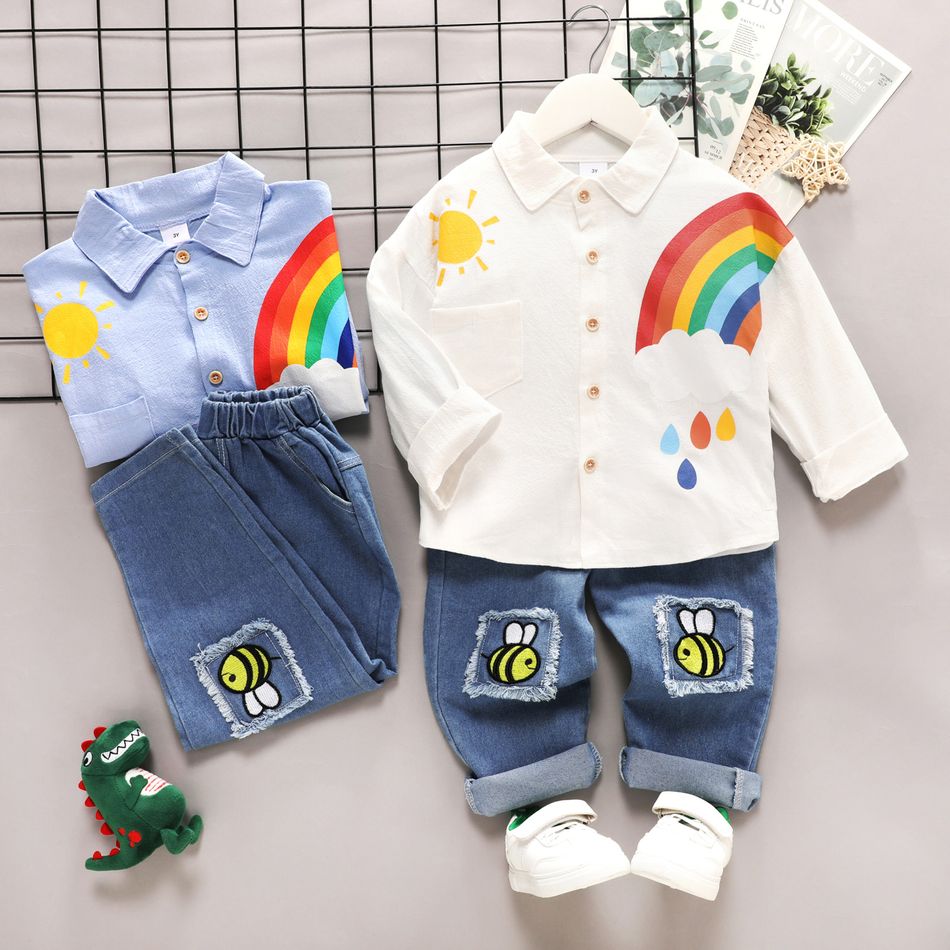 2-piece Toddler Boy Sun Rainbow Print Button Design Shirt and Bee Embroidered Denim Jeans Set White