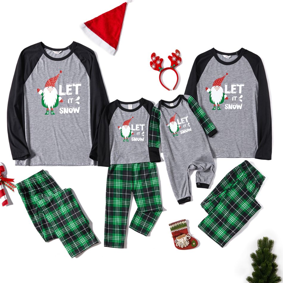 Christmas Santa and Letter Print Family Matching Raglan Long-sleeve Green Plaid Pajamas Sets (Flame Resistant) Color block