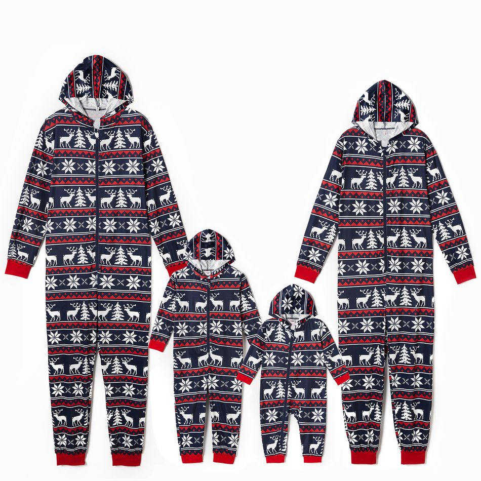 Christmas All Over Print Blue Family Matching Long-sleeve Hooded Onesies Pajamas Sets (Flame Resistant) Royal Blue