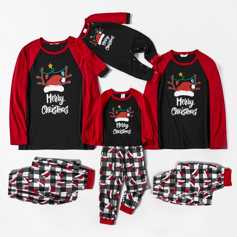 Christmas Antler Hat and Letter Print Family Matching Raglan Long-sleeve Plaid Pajamas Sets (Flame Resistant) Color block