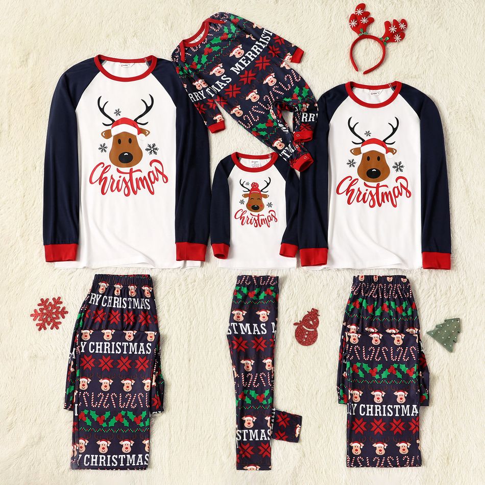 Christmas Cartoon Deer and Letter Print Snug Fit Family Matching Raglan Long-sleeve Pajamas Sets blue+white