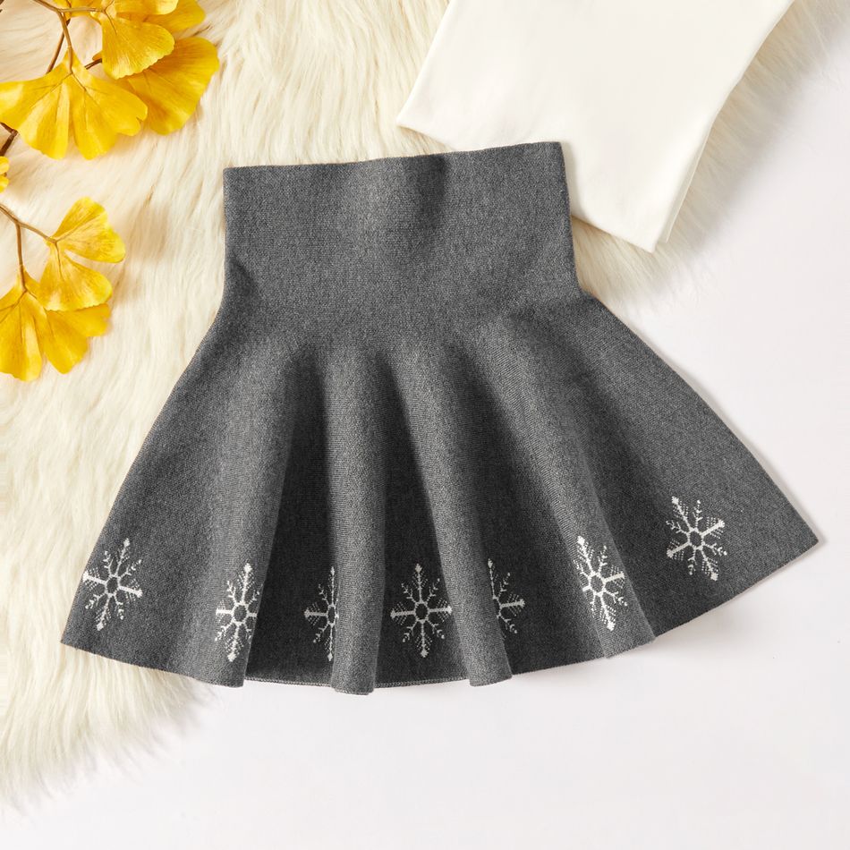 Kid Girl Snowflake Embroidered A-line Knit Pleated Skirt Grey