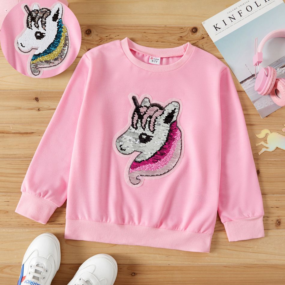 Kid Girl Flip Sequin Unicorn Pattern Pink Pullover Sweatshirt Pink big image 2