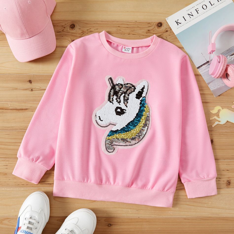 Kid Girl Flip Sequin Unicorn Pattern Pink Pullover Sweatshirt Pink big image 3