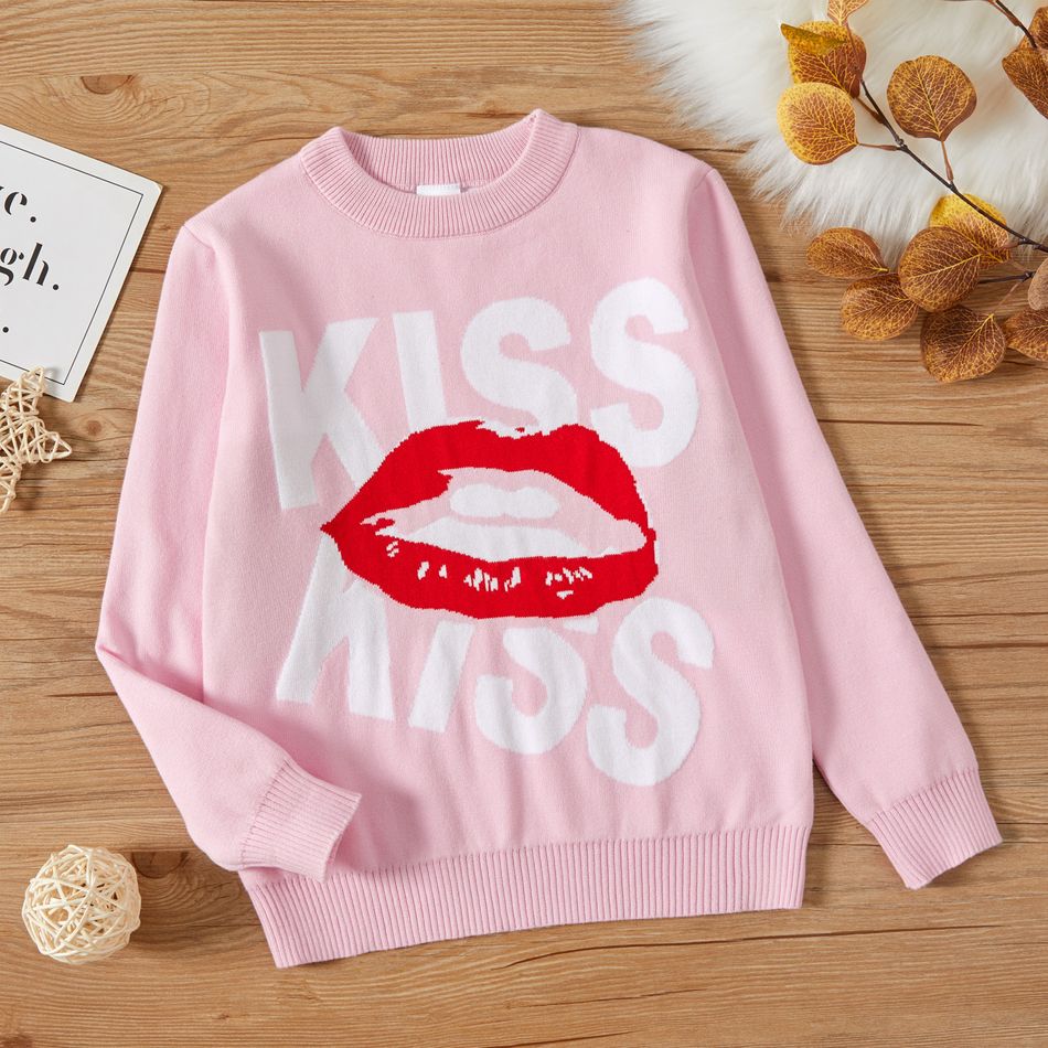 Kid Girl Letter Lips Print Pullover Sweatshirt Pink