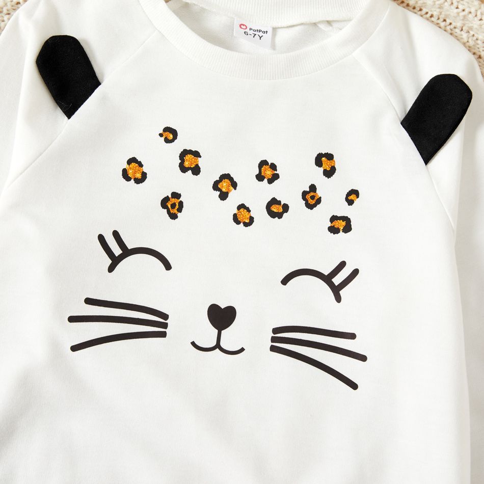 2-piece Kid Girl Cat Print Ear Design White Pullover Sweatshirt and Leopard Print Pants Set White big image 4