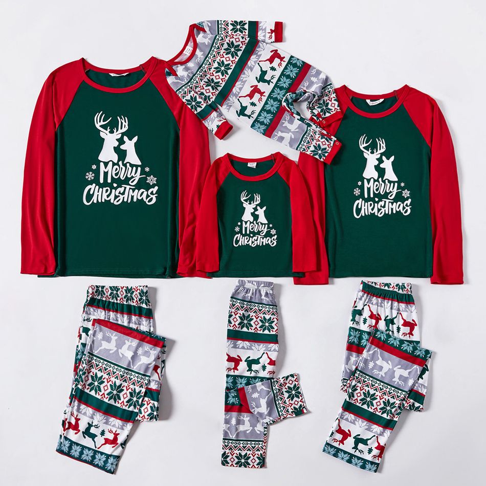 Christmas Reindeer and Letter Print Family Matching Raglan Long-sleeve Pajamas Sets (Flame Resistant) Green/White/Red