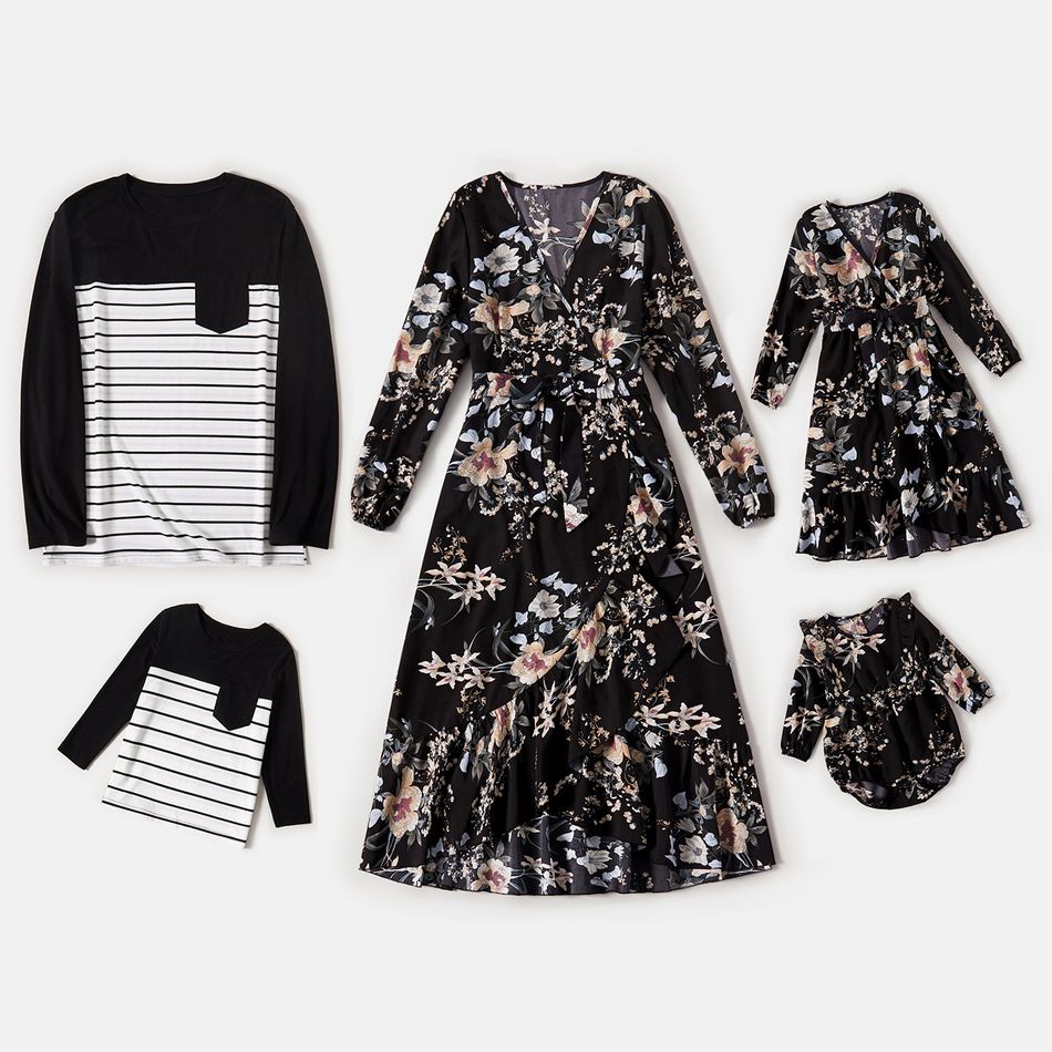 Family Matching All Over Floral Print Black V Neck Midi Dresses and Striped T-shirts Sets Black/White