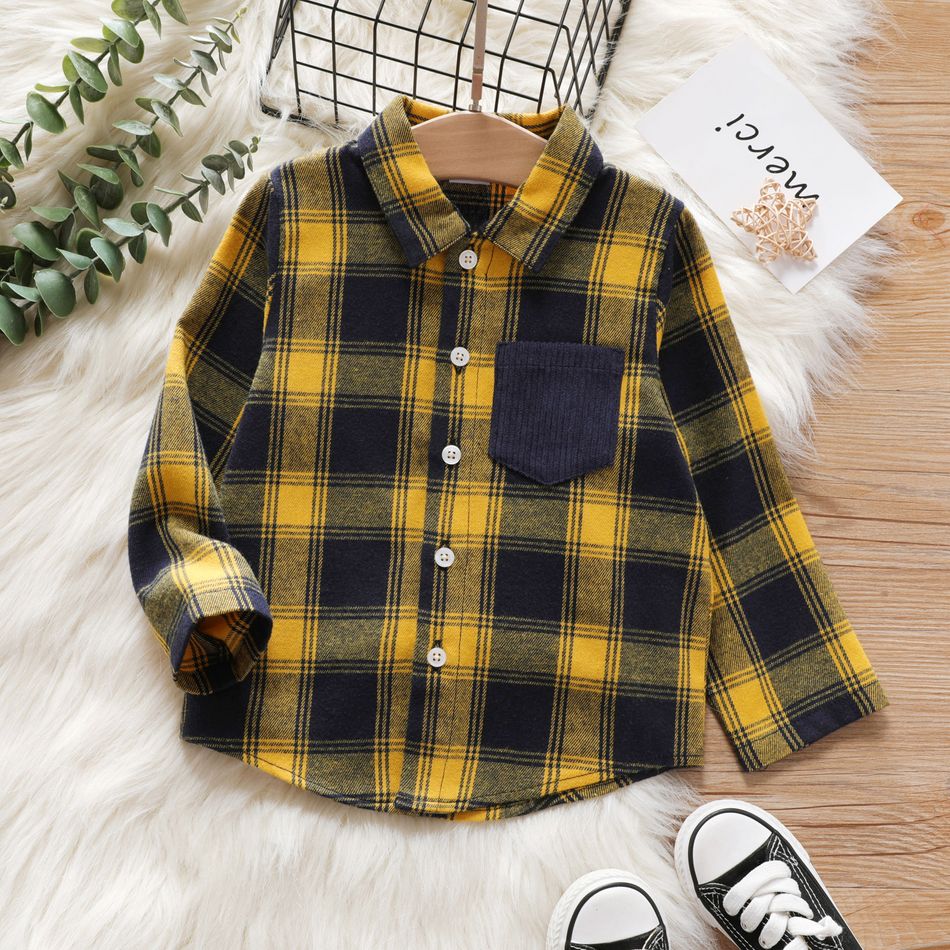Toddler Boy Plaid Lapel Collar Button Design Long-sleeve Shirt Yellow