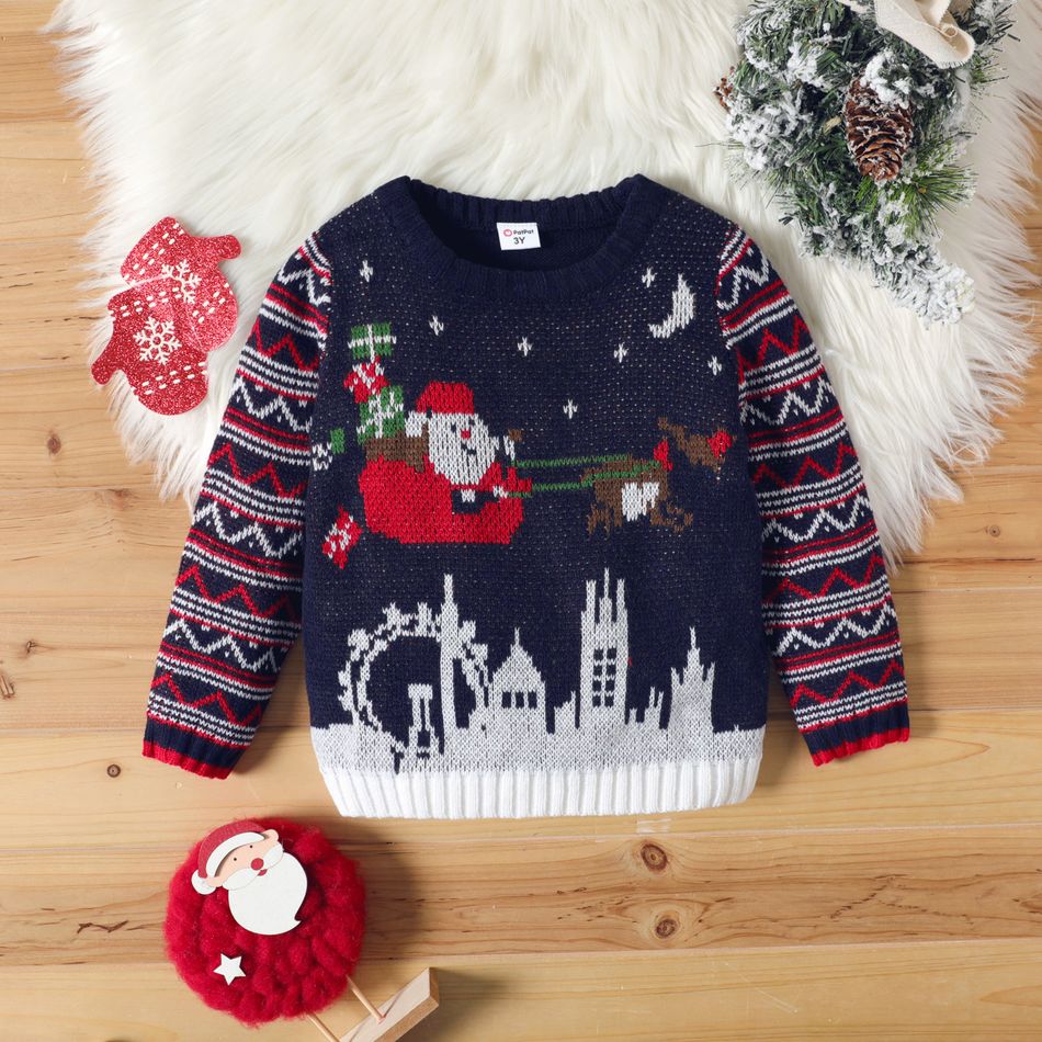 Toddler Boy Christmas Santa Deer Castle Pattern Colorblock Sweater Deep Blue